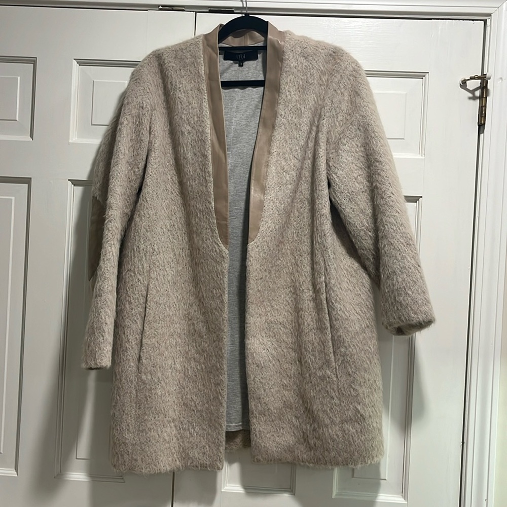 Tibi wool/alpaca/mohair coat with lamb leather trim and elbow patches.